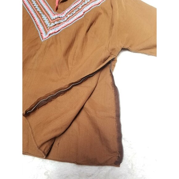 Festival Fashions Womens Collared Top Long Sleeves Side Zipper V-Neck Lace Brown - Picture 4 of 6